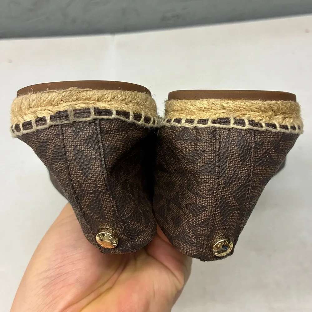 Michael Kors Espadrilles Women's 8.5M Brown Monogram Palm Tree Slip On Beach
